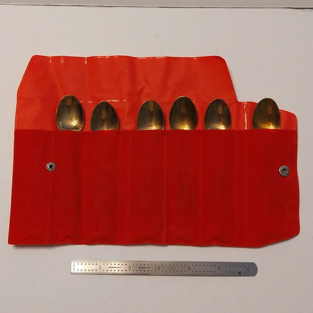 6 Vintage Brass and Rosewood Demitasse Spoons in Original Red Velvet case